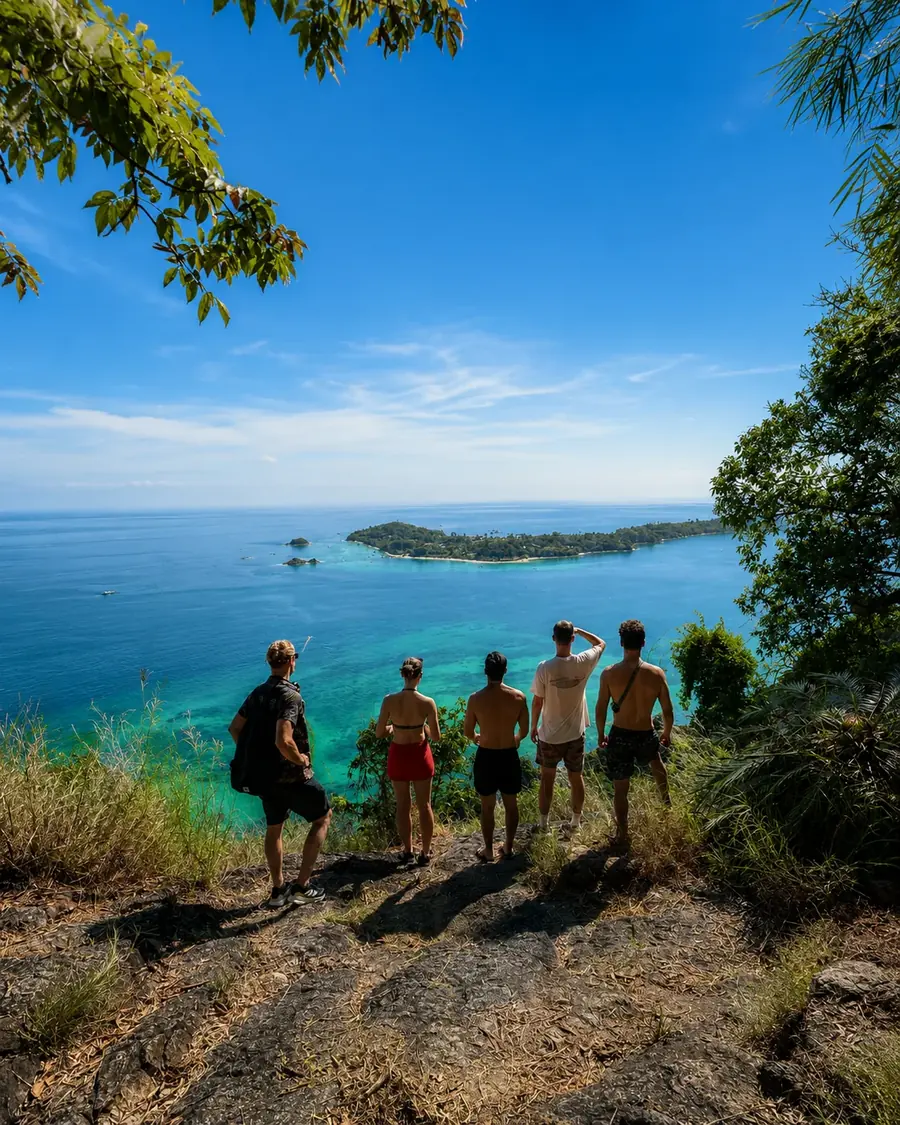 Group at the Chado Cliff viewpoint looking down on Koh Lipe