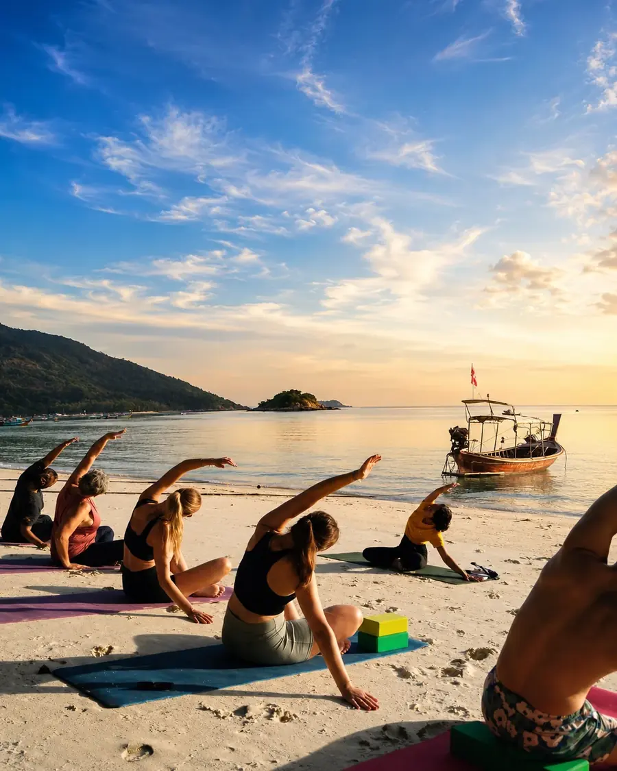 Yoga class on the sand at sunrise with longtail boats behind